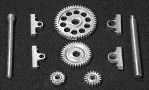 Gear Set with Pillow Blocks - O Scale - P336CR - metal Large gear measures 1.25 in. , 10 piece set O-38GearSet