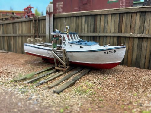 Peter Mesheau builds the H143 O Scale lobster boat for his Fundy Harbour scene on his layout