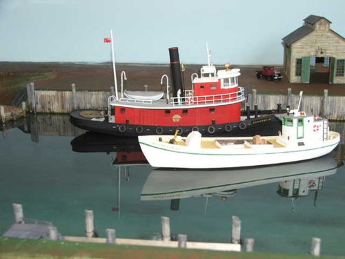Ron-Pullano-builds H116 HO Tug Exeter and H115 HO Sardine Carrier - as shown in his harbor scene